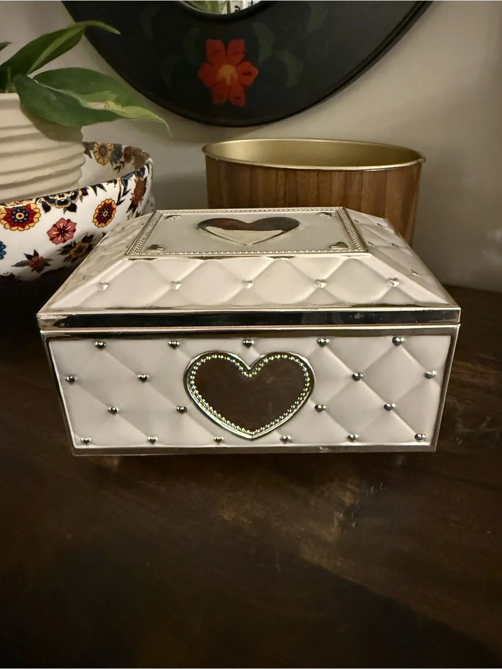 Lenox White Quilted Jewelry Box with Silver Heart Accents